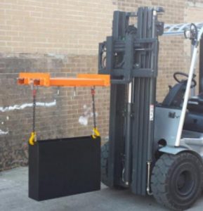 Forklift battery being lifted with battery sling.